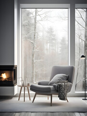 Grey chair by fireplace against window. Scandinavian home interior design of modern living room. Generative AI - obrazy, fototapety, plakaty