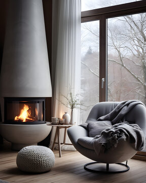 Fototapeta Grey chair by fireplace against window. Scandinavian home interior design of modern living room. Generative AI