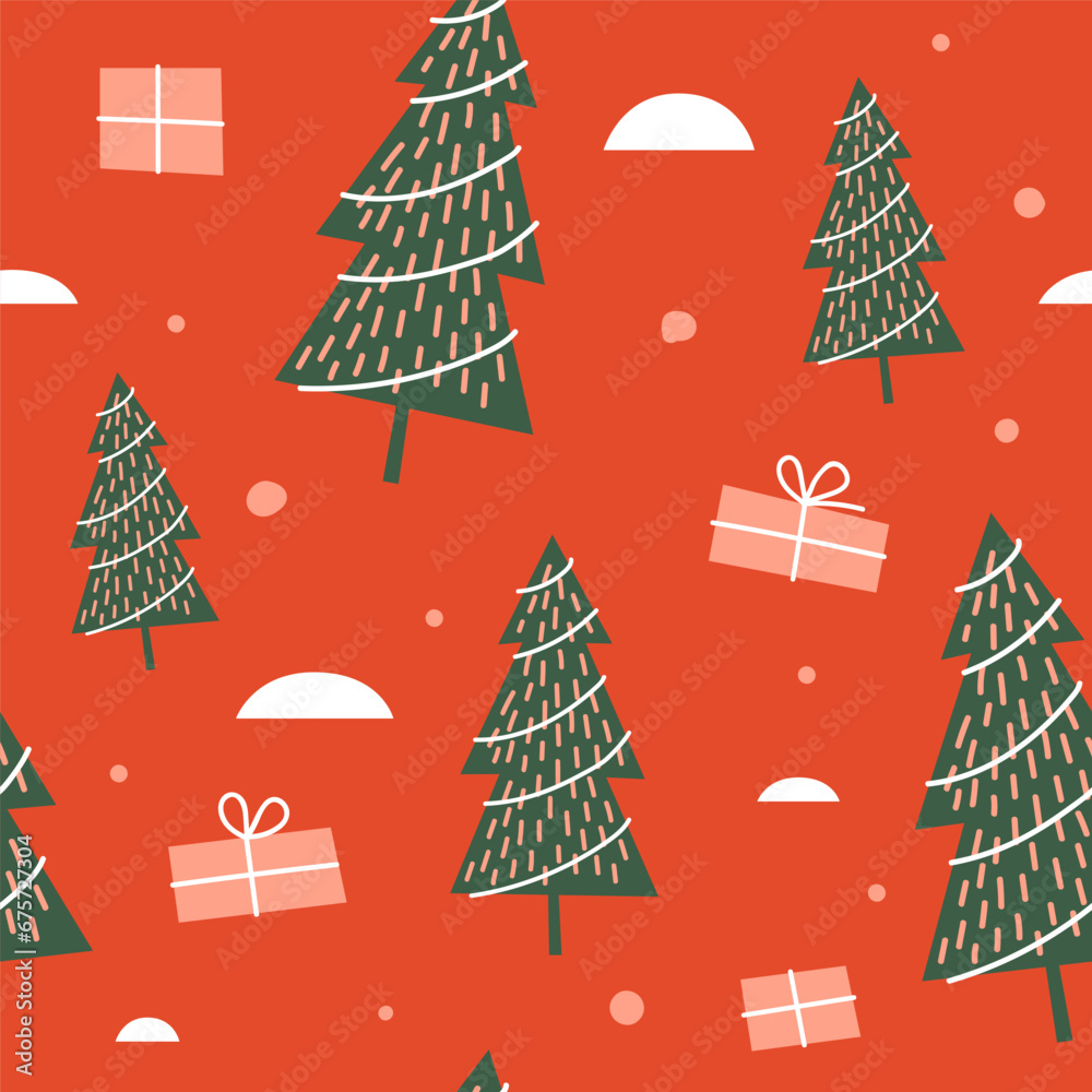 Poster seamless pattern with christmas trees and gifts on a red background. new year picture. can be used t