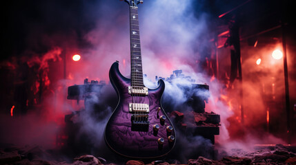 Close up of electric guitar on a stage during rock concert.