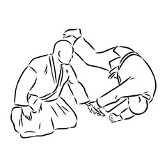Aikido combat between athletes, stylized vector illustration