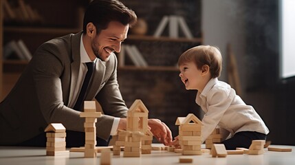 businessman in suit and little son playing with wooden blocks on floor at home, work and life balance concept - obrazy, fototapety, plakaty
