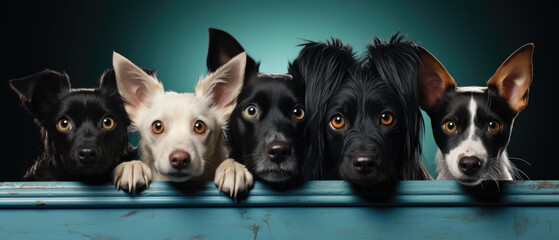 Group of dogs looking at the camera on blue background