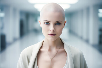 Portrait of a woman patient with shaved head after chemotherapy looking at camera. Concept of oncology, alopecia. Inspired young bald lady feeling inspiration, defeating cancer. 