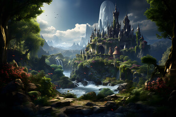Fototapeta premium Digital illustration of a majestic rainbow waterfall in a lush and magical landscape