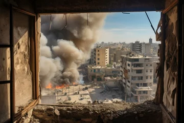 Muurstickers Bombing and destruction, view from windows © Ziyasier