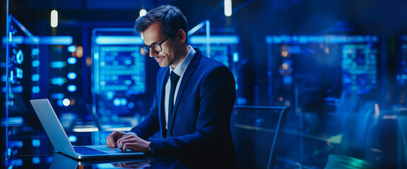 Banner photo digital programmer job. Man IT Engineers repairs technical problem and adjusts server room with laptop notebook, blue color light.