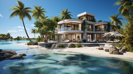 modern cozy house with pool and parking for sale or rent in luxurious style by the sea or ocean. Sunny day by the azure coast with palm trees and sofas in tropical island.Ai - obrazy, fototapety, plakaty