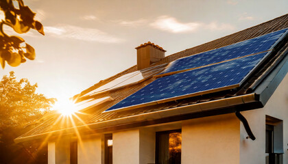 Solar panels above the roof of a house at dawn with sunbeams. Renewable Energies Concept. - obrazy, fototapety, plakaty