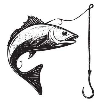 Fish on a hook sketch hand drawn in doodle style Vector illustration