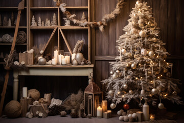 Natural rustic Christmas Decor. large decorated christmas tree, wooden jewelry, berries. a lot of lights on the background. Scandinavian style.  soothing neutral tones and natural materials. Ai