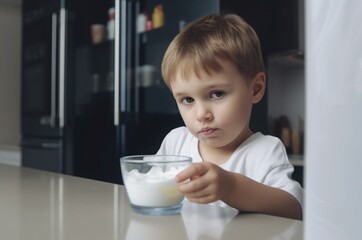 Little boy yogurt home kitchen. Eating home organic diet. Generate Ai