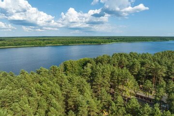 panorama aerial view over lake among forest