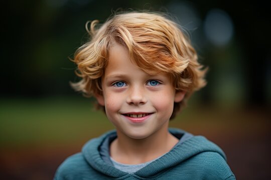 Portrait Of A Smiling Little Boy With Blond Curly Hair And Blue Eyes In The Park.