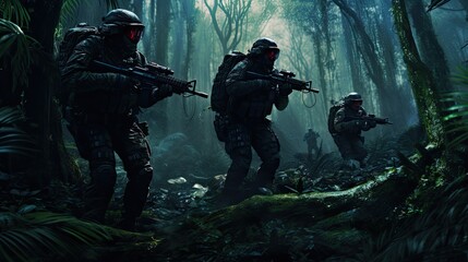 Fototapeta premium Forces Soldier action in dramatic forest