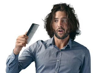 Comb, man and beauty with hair, shocked and luxury isolated on a transparent background. Person, guy and model with surprise, damage and equipment with wellness, facial and maintenance with png