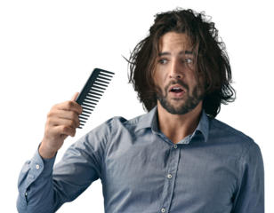 Comb, man and beauty with hair, shocked and luxury isolated on a transparent background. Person, guy and model with surprise, damage and equipment with wellness, facial and maintenance with png