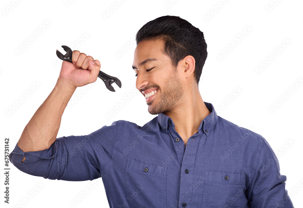 Poster smile, happy man with wrench and power isolated on transparent png background in repair solution, ma