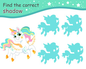 Find correct shadow funny playful unicorn vector