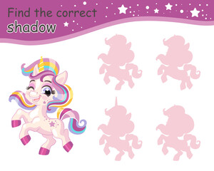 Find correct shadow funny joyful baby unicorn vector