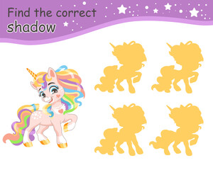 Find correct shadow funny long rainbow mane unicorn vector