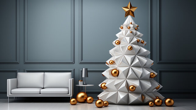 Merry Christmas and Happy new year. Winter home decor. Room with armchair and golden Christmas tree, Xmas decorative objects interior. Banner, web poster, Design 3D rendering. vector illustration - Ai
