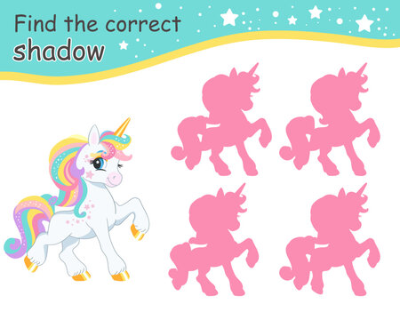 Find correct shadow funny rainbow mane white unicorn vector