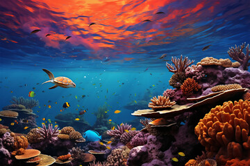 colorful coral reefs with lots of fish and turtles