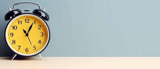 yellow vintage alarm clock morning time on table with copy space, Generative AI