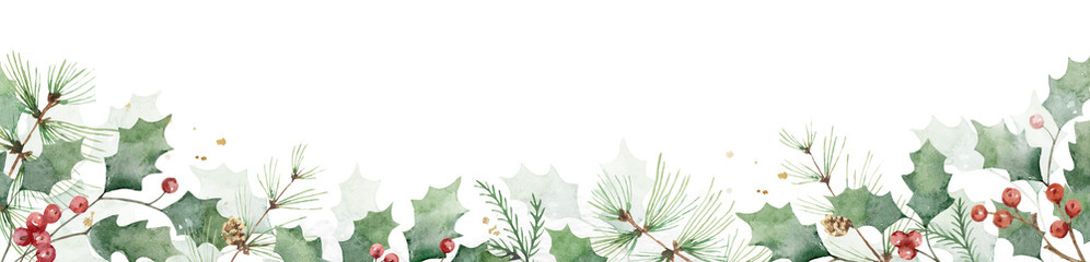 Watercolor Christmas border with green leaves. Banner for greeting cards, New year invitations, wedding. Hand painted pine tree branches, holly, red berries.