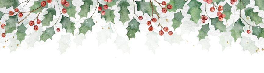 Watercolor Christmas border with green leaves and holly berries. Banner for greeting cards, cover,...