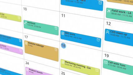 colorful calendar app interface showcasing appointments and scheduled events (3d render)