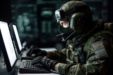 Military special forces defuses computer. Cyber digital hacking operation on hardware technology. Generate ai - obrazy, fototapety, plakaty