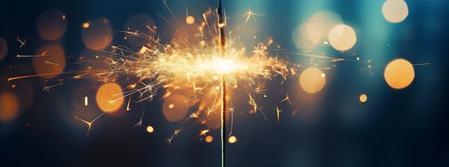 a sparkler burning in a nocturnal background, in the style of gold, silver and azure blue, lens flares