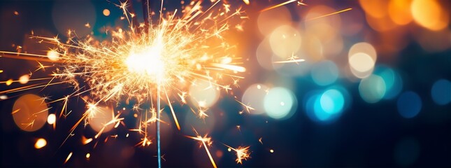 a sparkler burning in a nocturnal background, in the style of gold, silver and azure blue, lens flares