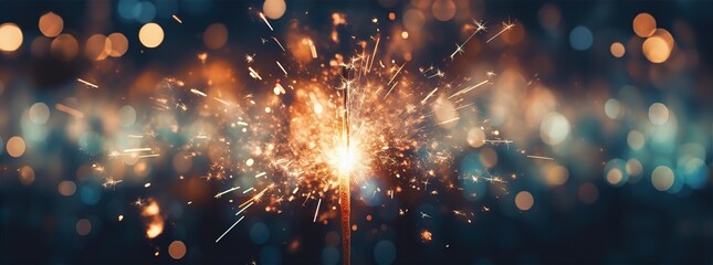 a sparkler burning in a nocturnal background, in the style of gold, silver and azure blue, lens flares