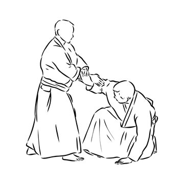 Aikido combat between athletes, stylized vector illustration