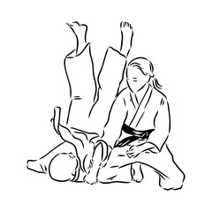 Aikido combat between athletes, stylized vector illustration