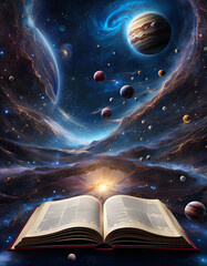 Abstract cosmic wallpaper with colourful planets and galaxies rising from an open book. Amazing Cosmos Background. Digital illustration. CG Artwork Background