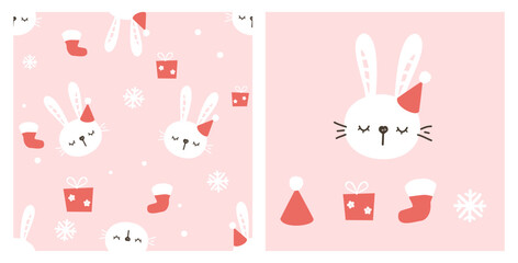 Seamless pattern with bunny rabbit cartoon, Christmas hat and snowflake on pink background vector illustration.