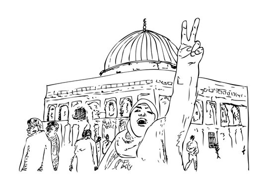 standing palestine islam woman, in front Of al aqsa mosque, simple vector hand draw sketch