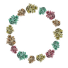 Watercolor Christmas wreath with cones. Hand painted winter holiday plants isolated on white background. Floral illustration for design, print, fabric or background