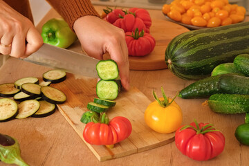 Fresh ripe big tomatoes, eggplant, veggies on a kitchen wooden workplace. Many raw vegetables background. Tomato, cucumbers. Cooker at home making a healthy veggie meal. Preparing vegetarian dish