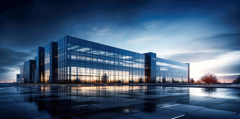 Facade of modern office  building with reflective glass facades.