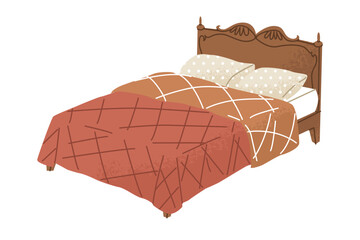 Wooden empty double bed with openwork headboard and cute linens. Bedroom decor, cozy home interior. Isolated vector illustration in cartoon style.