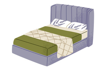 An empty double bed with soft purple upholstery, a high headboard, a floral pattern on the pillows and a green blanket. Bed sheets. Bedroom decor, cozy home interior. Isolated vector illustration.