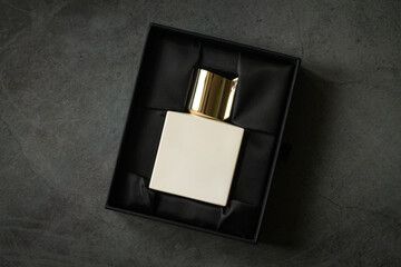 Perfume square bottle mockup in open box