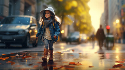 Naklejka premium Cute girl holding umbrella walking on the road in the city on rainy day