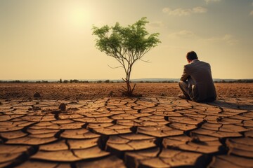 A man plants a sprout in the dry desert soil. Growth and ecology concept