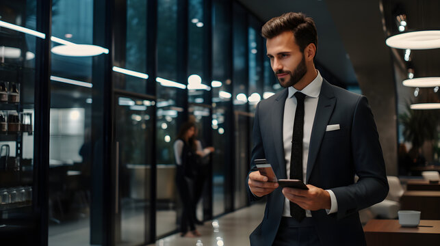 Male businessman holding phone in hands 